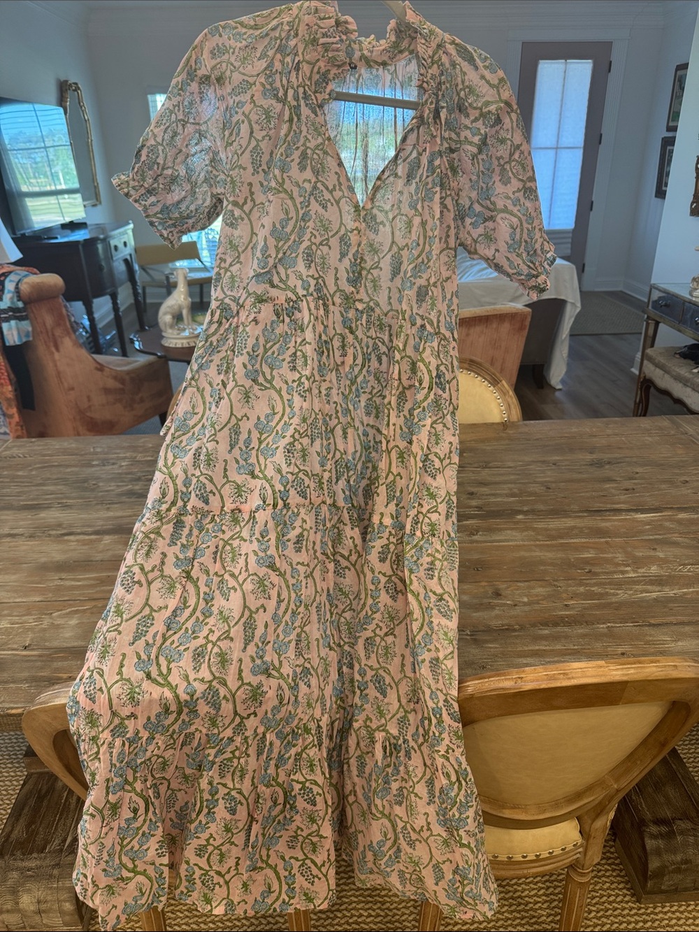 Women's Pink Floral Midi Dress with Ruffle Neck